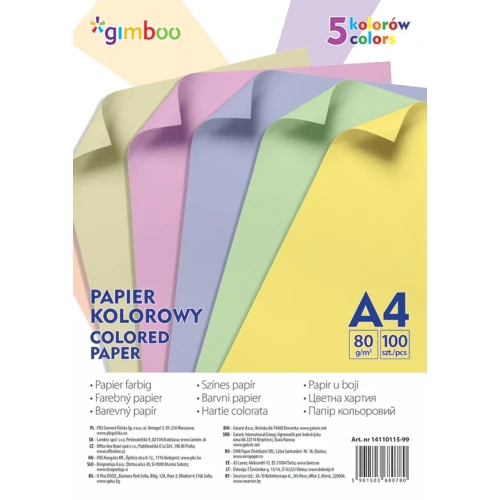 Papier ksero A4 80g 20x5 GIMBO 100szt. mix pastelowy