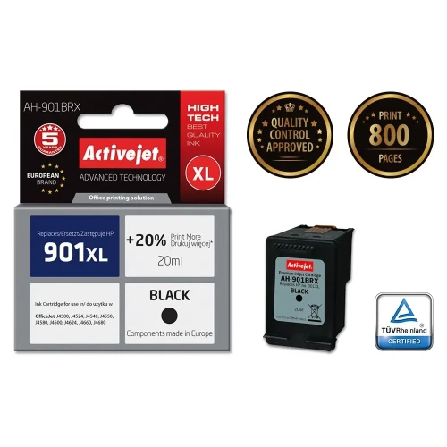 Activejet AH-901BRX Tusz (zamiennik HP 901XL CC654AE; Premium; 20 ml; czarny)