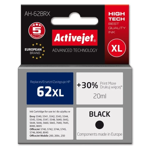 Tusz Activejet AH-62BRX (zamiennik HP 62XL C2P05AE; Premium; 20 ml; czarny)-1305019