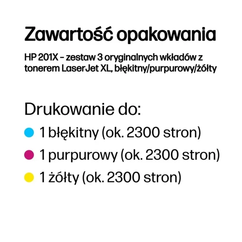HP 201X – zestaw 3 oryginalnych wkładów z tonerem LaserJet XL, błękitny/purpurowy/żółty