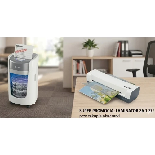 Niszczarka Leitz IQ OptiMax 225, P5, 6 kartek, 15l + za 1 zł Laminator Leitz iLAM Home A4 biały