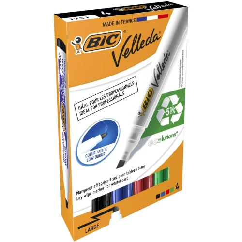 Marker suchościeralny Velleda Ecolutions 1751 komplet 4 szt wkład mix 3,7-5,5mm ścięta końcówka Bic (904950)