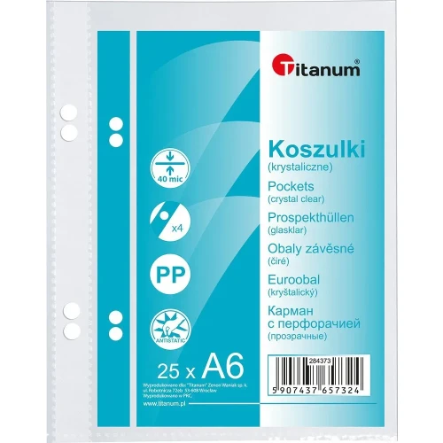 Koszulki na dokumenty A6 kolor: przezroczysty typu U 40 mic. Titanum