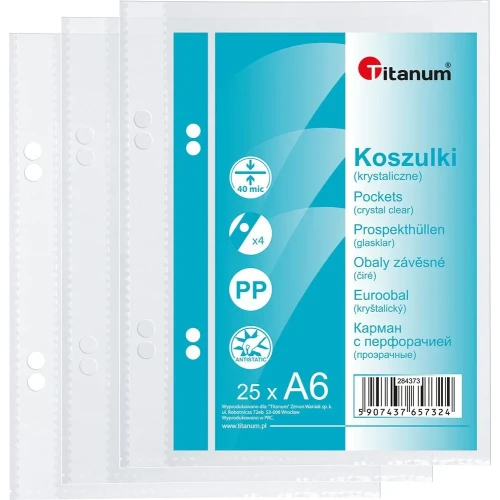 Koszulki na dokumenty A6 kolor: przezroczysty typu U 40 mic. Titanum