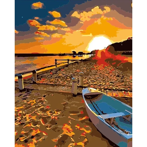 Zestaw kreatywny Malowanie po numerach 40x50cm Zachód słońca nad morzem, plaża z łodzią Flamingo Line (fys025)