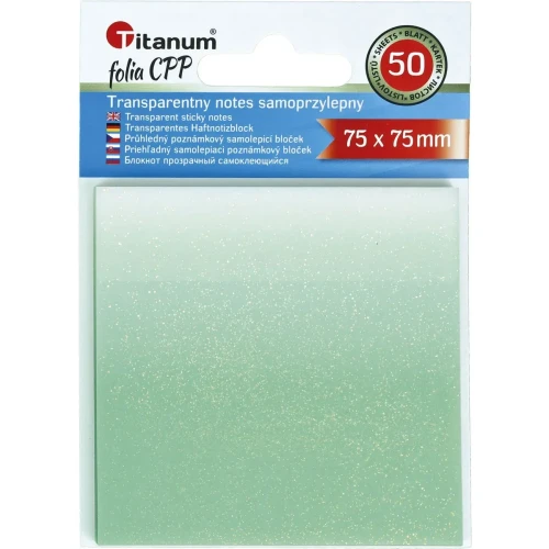 Notes samoprzylepny (karteczki) transparentne, z polipropylenu 75x75 biało- zielony 50k [mm:] 75x75 Titanum