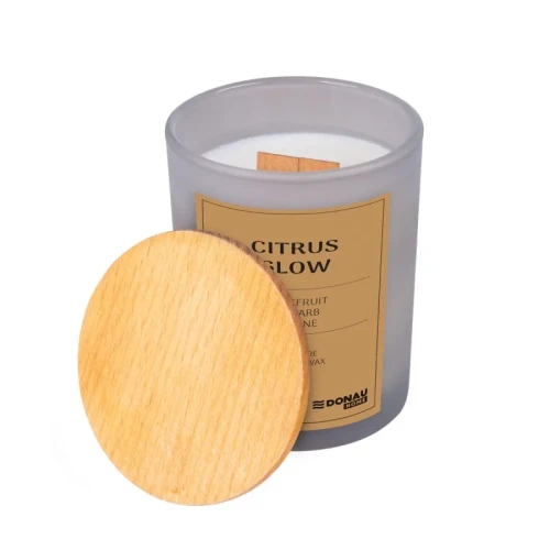 Świeca sojowa DONAU HOME, w szarym szkle, drewniana pokrywa i knot, Citrus Glow, 200g