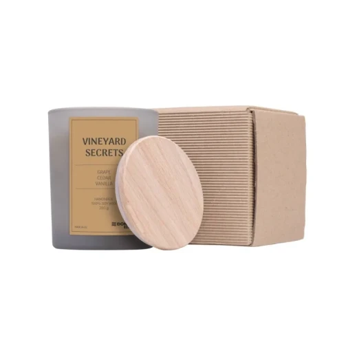 Świeca sojowa DONAU HOME, w szarym szkle, drewniana pokrywa i knot, Vineyard Secrets, 200g