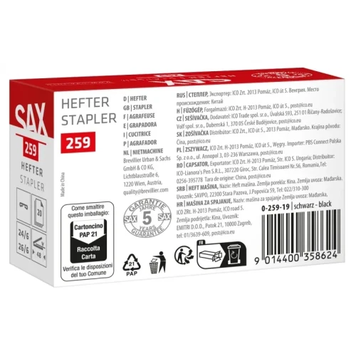 Zszywacz SAX 259 EasyPro S, zszywa do 20 kartek, 24/6, 26/6, czarny
