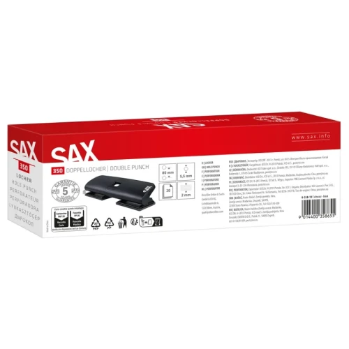 Dziurkacz SAX 350 EasyPro M Double, dziurkuje do 20 kartek, 4 otwory, czarny