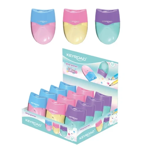 Temperówka KEYROAD Wave, plastikowa, podwójna, z pojemnikiem, pakowane na displayu, mix kolorów pastelowych