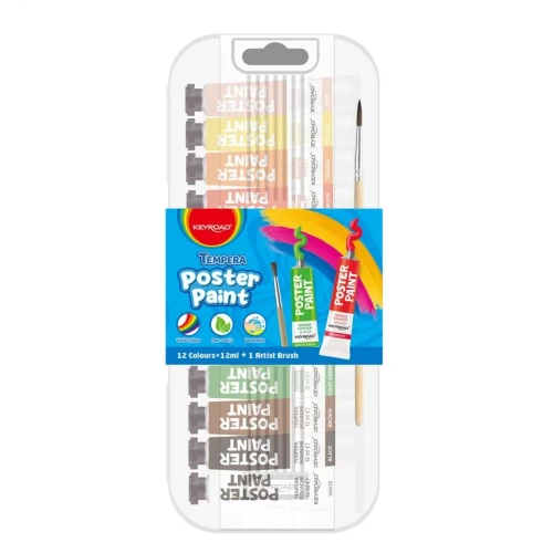 Farby plakatowe KEYROAD, 12x12ml, pędzelek gratis, w pudełku, mix kolorów