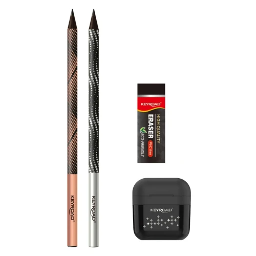 Zestaw szkolny KEYROAD Black Pencil Set, 2x czarny ołówek + gumka + temperówka, blister, czarny