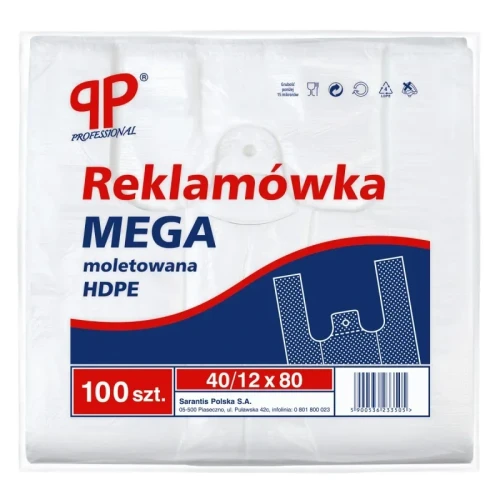Reklamówka SARANTIS, HDPE, mega, 40/12/80 cm, 14 mikr., 100 szt., biała