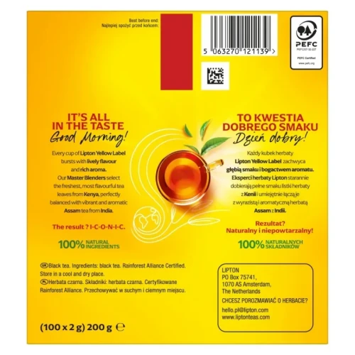 Herbata LIPTON czarna, Yellow Label, 100 torebek