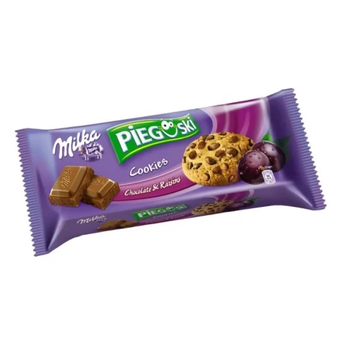 Ciastka Pieguski MILKA, 135 g, czekoladowe z rodzynkami, krótki termin ważności