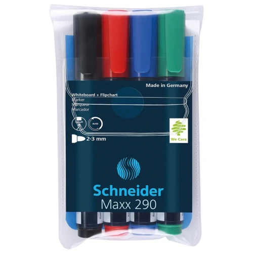 Zestaw markerów do tablic SCHNEIDER Maxx 290, 2-3mm, 4 szt., pudełko z zawieszką, mix kolorów