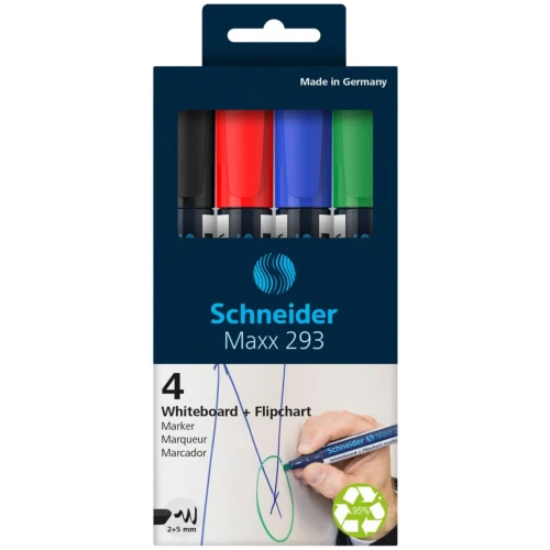 Zestaw markerów do tablic SCHNEIDER Maxx 293, 2-5 mm, 4 szt., pudełko z zawieszką, mix kolorów