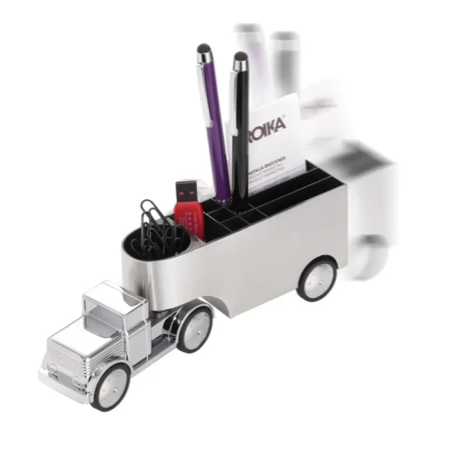Przybornik na biurko TROIKA Office Trucker, ciężarówka, chromowany, szary