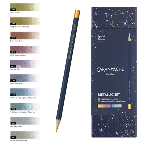 Kredki CARAN D'ACHE Cosmic Blue, w pudełku, 10 szt., mix kolorów metalicznych-12736994