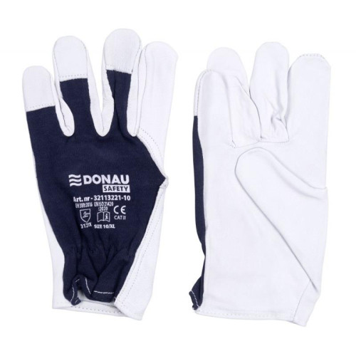 Rękawice robocze DONAU SAFETY, skóra kozia po stronie dłoni, ściągacz, rozm. 9/L, biało-granatowe-13419046