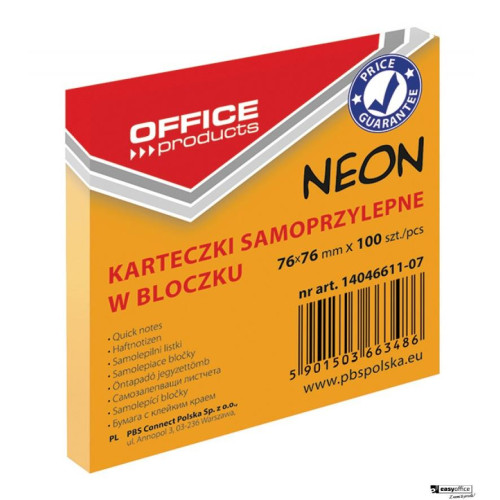 Bloczek samoprzylepny 76x76 100k NEON pomarańczowy 14046611-07