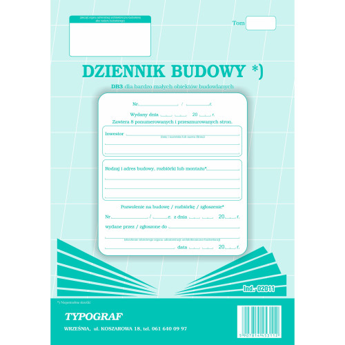 Druk Dziennik Budowy A4 8k TYPOGRAF dla małych obiektów