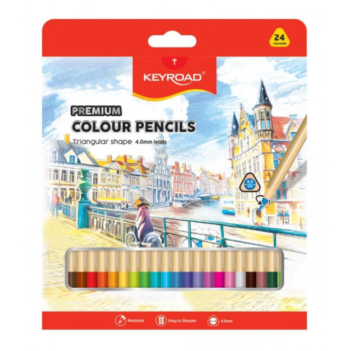 Kredki ołówkowe KEYROAD, trójkątne, 4mm, 24 szt., mix kolorów