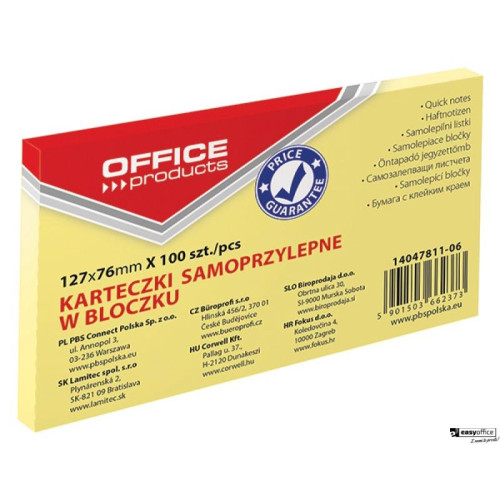 Bloczek samoprzylepny , 127x76mm, 1x100 kart., pastel, jaznożółty, typu OFFICE PRODUCTS 14047811-06