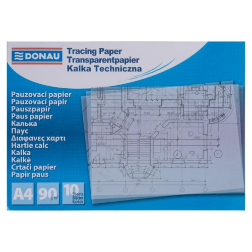 Kalka techniczna DONAU, A4, 10 arkuszy, 90gsm, transparentna
