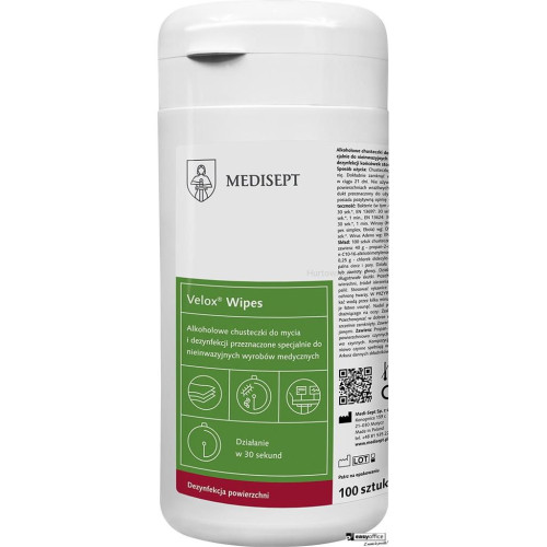 MEDISEPT VELOX WIPES Chusteczki na bazie alkoholu do szybkiej dezynfekcji powierzchni tuba 100 sztuk