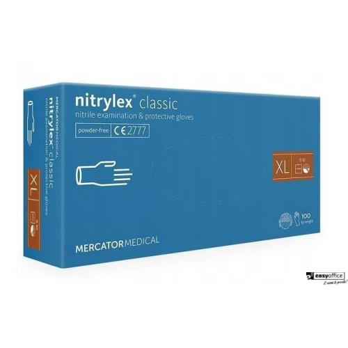 Rękawice nitrylowe bezpudrowe diagnostyczne MERCATOR, nitrylex classic, (100 szt.), rozmiar XL, niebieskie