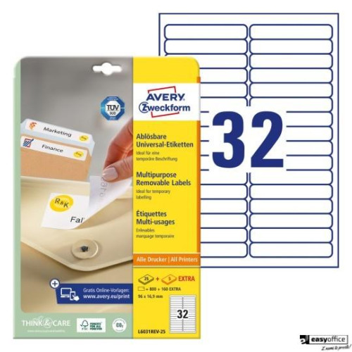 Etykiety uniwersalne L6031REV-25 96 x 16,9 30ark Usuwalne, Avery Zweckform