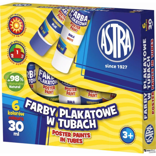 Farby plakatowe Astra 6 kolorów - tuba 30 ml, 83119900