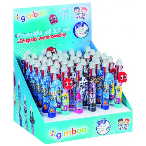 Długopis wymazywalny GIMBOO 4w1, żelowy, pakowany w displayu, mix kolorów/wzorów