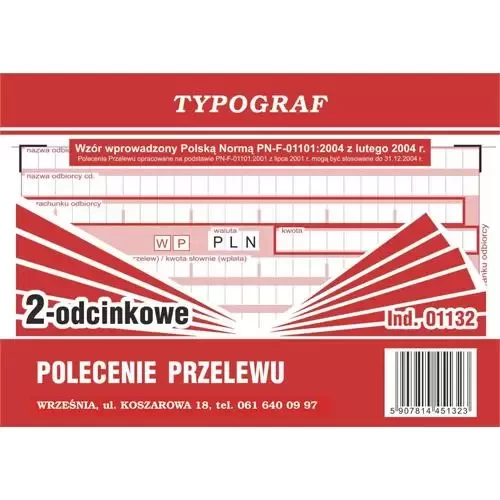 Druk Polecenie Przelewu A6 TYPOGRAF 2-odcinkowe 01132-3050339