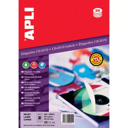 Etykiety na płyty CD/DVD APLI, średnica 114/41mm, okrągłe, białe-4079845