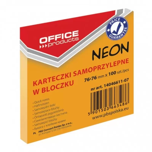 Bloczek samoprzylepny OFFICE PRODUCTS, 76x76mm, 1x100 kart., neon, pomarańczowy-4083826