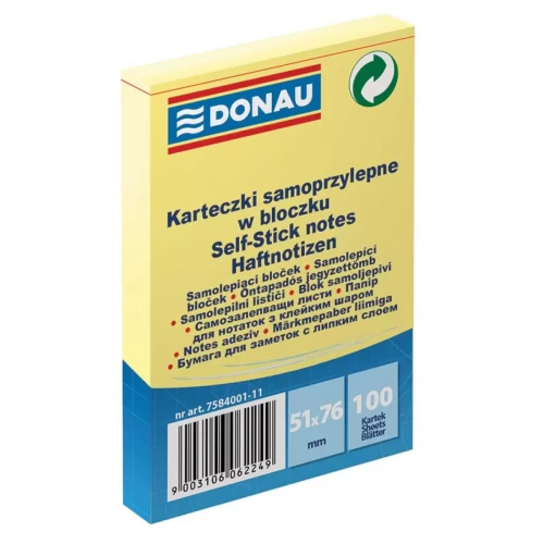 Bloczek samoprzylepny DONAU, 51x76mm, 1x100 kart., jasnożółty-4084831