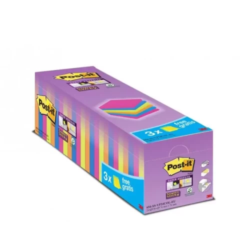 Karteczki samoprzylepne POST-IT® Super Sticky (654-SS-VP24COL), 76x76mm, 24x90 kart., mix kolorów, 3 Karteczki GRATIS-40