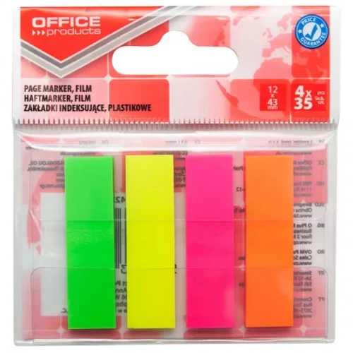 Zakładki indeksujące OFFICE PRODUCTS, PP, 12x43mm, 4x35 kart., zawieszka, mix kolorów neon-4090529