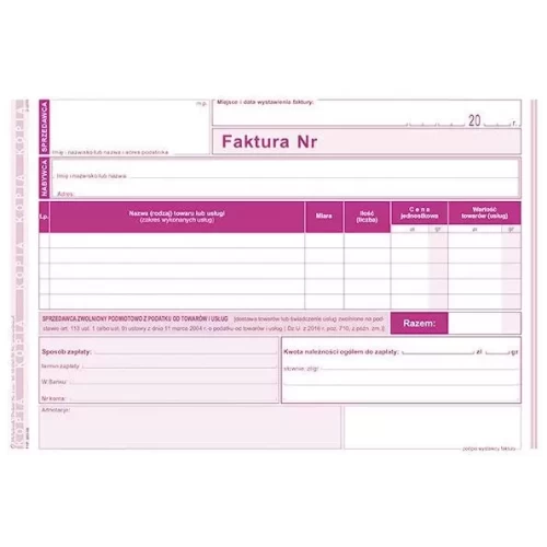 Druk Faktura A5 M&P dla zwolnionych z VAT 203-3E-4568390