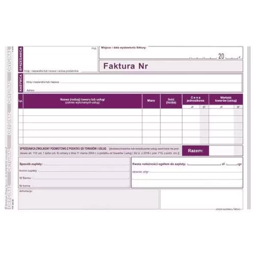 Druk Faktura A5 M&P dla zwolnionych z VAT 203-3E-4568391