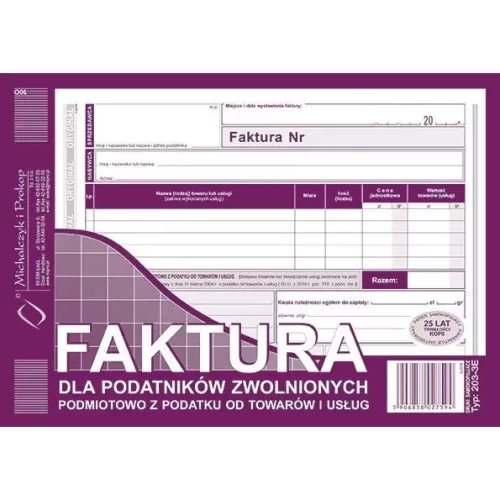 Druk Faktura A5 M&P dla zwolnionych z VAT 203-3E-4568392