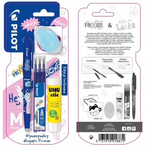 Pióro wymazywalne 0,7 PILOT frixion niebieskie, gumka, 3 szt. wkładów, klej-5812195