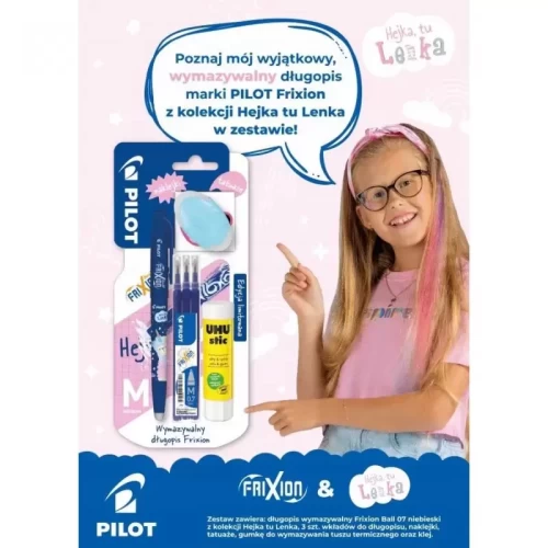 Pióro wymazywalne 0,7 PILOT frixion niebieskie, gumka, 3 szt. wkładów, klej-5812196