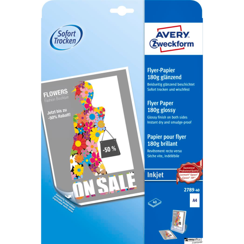 Papier do ulotek błyszczący 2789-40 A4 40 ark. obustronnie powlekany, 180 g, 210 x 297 mm, biały, Avery Zweckform-605352