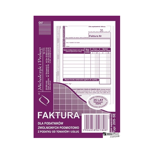 205-5E Faktura dla podatników zwolnionych z VAT A6 (o+1k) MICHALCZYK-6065436