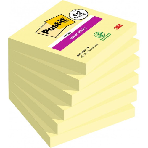 Karteczki samoprzylepne POST-IT® Super Sticky (654-P6SSCY-EU), 76x76mm, 4+2x90 kart., żółte, 2 bloczki GRATIS