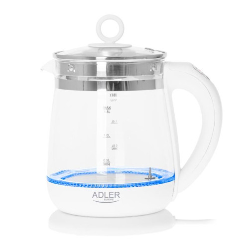 Czajnik elektryczny ADLER AD 1299, 1,5L, z regulacją temperatury i zaparzaczem, szklany, biały-8753770
